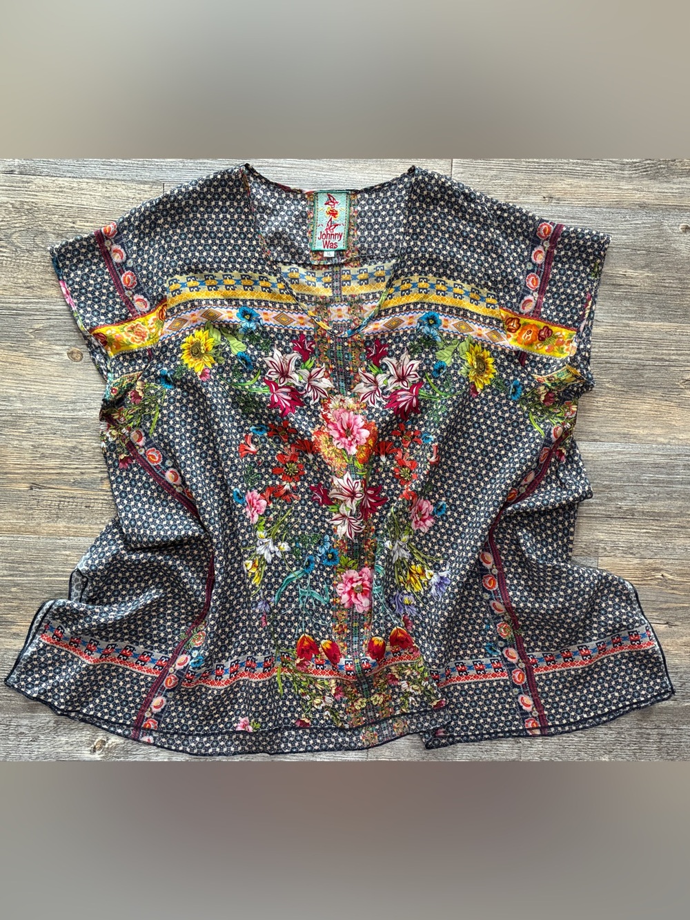 Johnny Was Dolce Drapey Printed Top XL Boho Scalloped Hem Swing Blouse